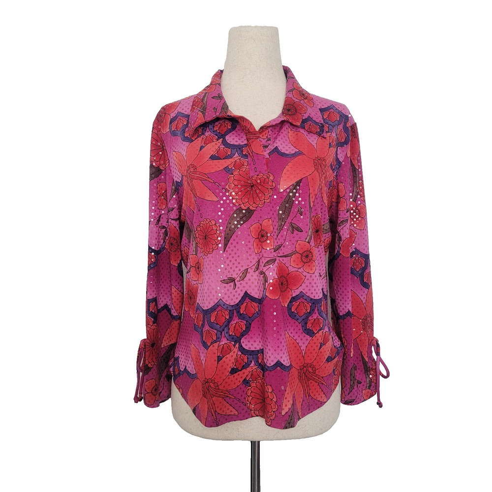 Vintage Xhilaration Flower Sequin Collar Top Size L Artsy Eclectic Mod Retro 70s